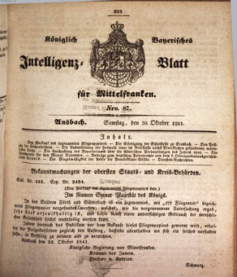 Königlich Bayerisches Intelligenzblatt für Mittelfranken (Ansbacher Intelligenz-Zeitung) Samstag 30. Oktober 1841