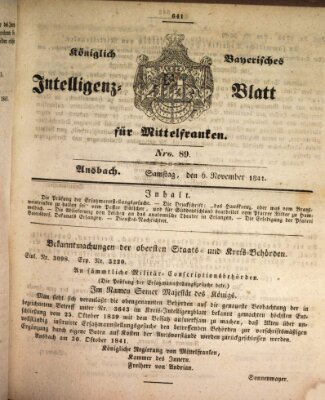 Königlich Bayerisches Intelligenzblatt für Mittelfranken (Ansbacher Intelligenz-Zeitung) Samstag 6. November 1841