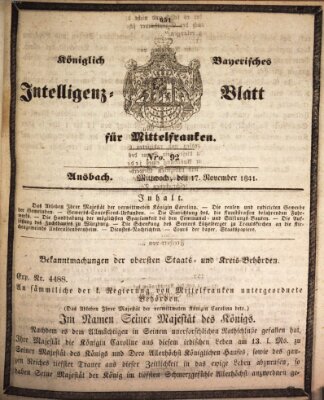 Königlich Bayerisches Intelligenzblatt für Mittelfranken (Ansbacher Intelligenz-Zeitung) Mittwoch 17. November 1841