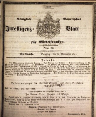 Königlich Bayerisches Intelligenzblatt für Mittelfranken (Ansbacher Intelligenz-Zeitung) Samstag 20. November 1841