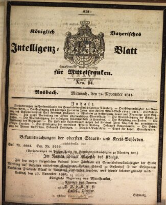 Königlich Bayerisches Intelligenzblatt für Mittelfranken (Ansbacher Intelligenz-Zeitung) Mittwoch 24. November 1841