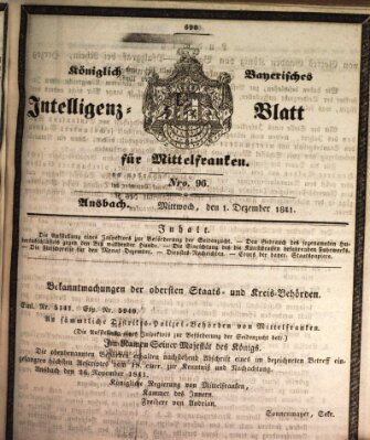 Königlich Bayerisches Intelligenzblatt für Mittelfranken (Ansbacher Intelligenz-Zeitung) Mittwoch 1. Dezember 1841