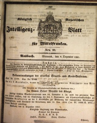 Königlich Bayerisches Intelligenzblatt für Mittelfranken (Ansbacher Intelligenz-Zeitung) Mittwoch 8. Dezember 1841