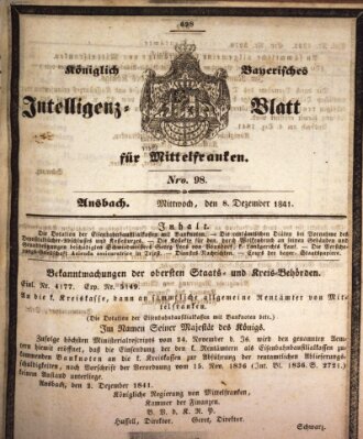 Königlich Bayerisches Intelligenzblatt für Mittelfranken (Ansbacher Intelligenz-Zeitung) Mittwoch 8. Dezember 1841