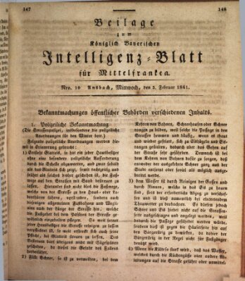 Königlich Bayerisches Intelligenzblatt für Mittelfranken (Ansbacher Intelligenz-Zeitung) Mittwoch 3. Februar 1841