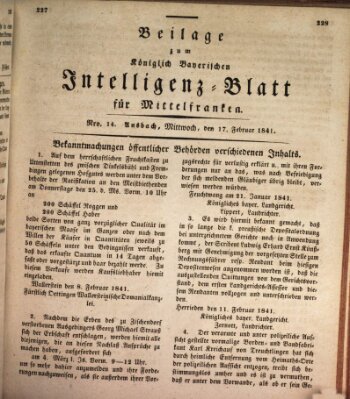 Königlich Bayerisches Intelligenzblatt für Mittelfranken (Ansbacher Intelligenz-Zeitung) Mittwoch 17. Februar 1841