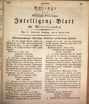 Königlich Bayerisches Intelligenzblatt für Mittelfranken (Ansbacher Intelligenz-Zeitung) Samstag 20. Februar 1841