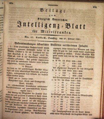 Königlich Bayerisches Intelligenzblatt für Mittelfranken (Ansbacher Intelligenz-Zeitung) Samstag 27. Februar 1841