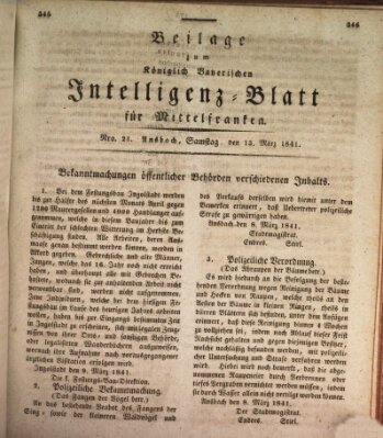 Königlich Bayerisches Intelligenzblatt für Mittelfranken (Ansbacher Intelligenz-Zeitung) Samstag 13. März 1841