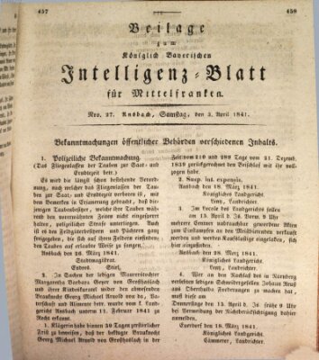 Königlich Bayerisches Intelligenzblatt für Mittelfranken (Ansbacher Intelligenz-Zeitung) Samstag 3. April 1841