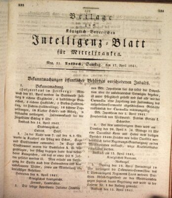 Königlich Bayerisches Intelligenzblatt für Mittelfranken (Ansbacher Intelligenz-Zeitung) Samstag 17. April 1841