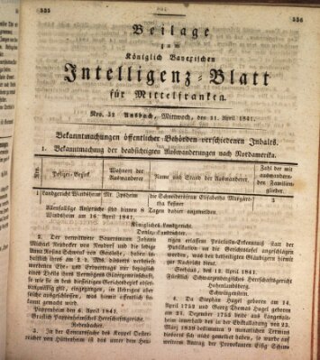 Königlich Bayerisches Intelligenzblatt für Mittelfranken (Ansbacher Intelligenz-Zeitung) Mittwoch 21. April 1841