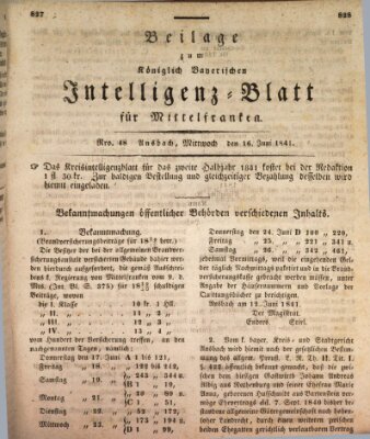 Königlich Bayerisches Intelligenzblatt für Mittelfranken (Ansbacher Intelligenz-Zeitung) Mittwoch 16. Juni 1841