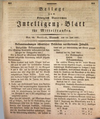 Königlich Bayerisches Intelligenzblatt für Mittelfranken (Ansbacher Intelligenz-Zeitung) Samstag 19. Juni 1841