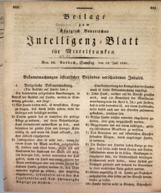 Königlich Bayerisches Intelligenzblatt für Mittelfranken (Ansbacher Intelligenz-Zeitung) Samstag 10. Juli 1841