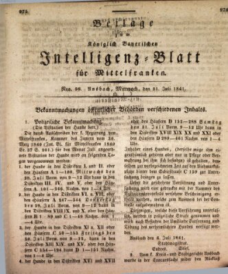 Königlich Bayerisches Intelligenzblatt für Mittelfranken (Ansbacher Intelligenz-Zeitung) Mittwoch 21. Juli 1841