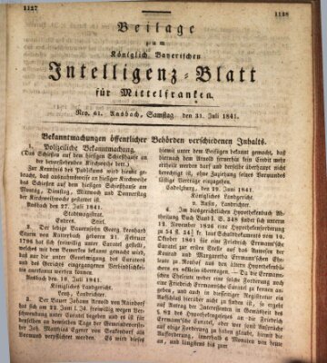 Königlich Bayerisches Intelligenzblatt für Mittelfranken (Ansbacher Intelligenz-Zeitung) Samstag 31. Juli 1841