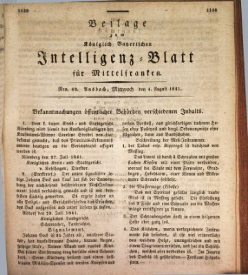 Königlich Bayerisches Intelligenzblatt für Mittelfranken (Ansbacher Intelligenz-Zeitung) Mittwoch 4. August 1841