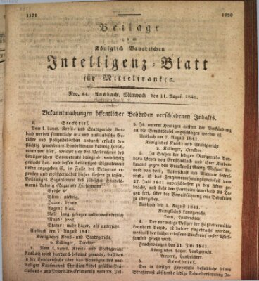 Königlich Bayerisches Intelligenzblatt für Mittelfranken (Ansbacher Intelligenz-Zeitung) Mittwoch 11. August 1841