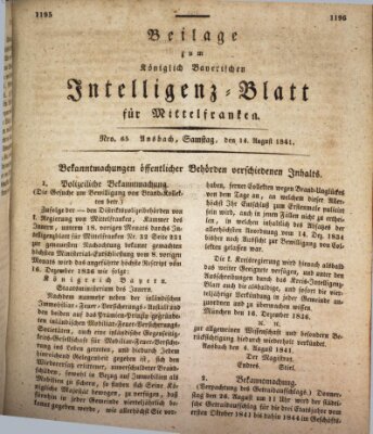 Königlich Bayerisches Intelligenzblatt für Mittelfranken (Ansbacher Intelligenz-Zeitung) Samstag 14. August 1841