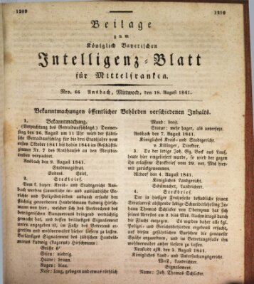 Königlich Bayerisches Intelligenzblatt für Mittelfranken (Ansbacher Intelligenz-Zeitung) Mittwoch 18. August 1841