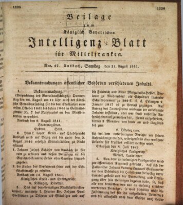 Königlich Bayerisches Intelligenzblatt für Mittelfranken (Ansbacher Intelligenz-Zeitung) Samstag 21. August 1841