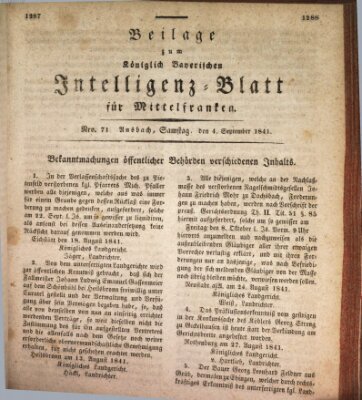 Königlich Bayerisches Intelligenzblatt für Mittelfranken (Ansbacher Intelligenz-Zeitung) Samstag 4. September 1841