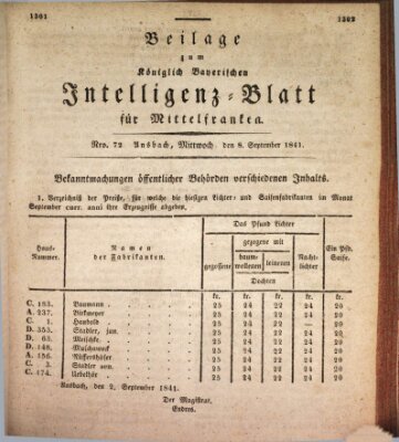 Königlich Bayerisches Intelligenzblatt für Mittelfranken (Ansbacher Intelligenz-Zeitung) Mittwoch 8. September 1841
