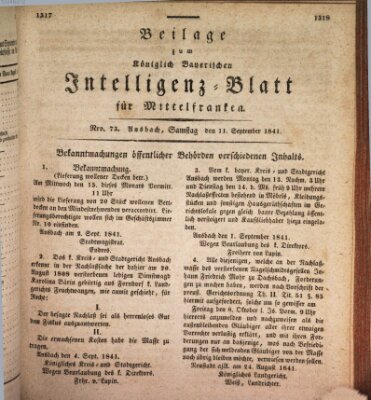 Königlich Bayerisches Intelligenzblatt für Mittelfranken (Ansbacher Intelligenz-Zeitung) Samstag 11. September 1841