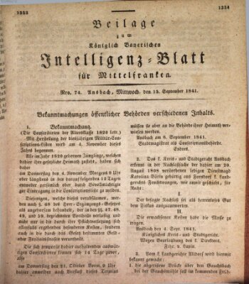 Königlich Bayerisches Intelligenzblatt für Mittelfranken (Ansbacher Intelligenz-Zeitung) Mittwoch 15. September 1841