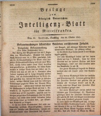 Königlich Bayerisches Intelligenzblatt für Mittelfranken (Ansbacher Intelligenz-Zeitung) Samstag 23. Oktober 1841