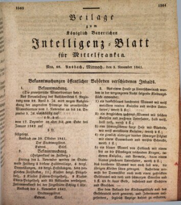 Königlich Bayerisches Intelligenzblatt für Mittelfranken (Ansbacher Intelligenz-Zeitung) Mittwoch 3. November 1841