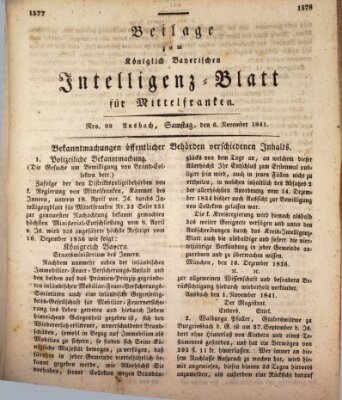 Königlich Bayerisches Intelligenzblatt für Mittelfranken (Ansbacher Intelligenz-Zeitung) Samstag 6. November 1841