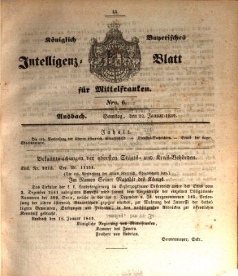 Königlich Bayerisches Intelligenzblatt für Mittelfranken (Ansbacher Intelligenz-Zeitung) Samstag 22. Januar 1842