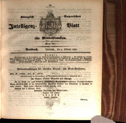 Königlich Bayerisches Intelligenzblatt für Mittelfranken (Ansbacher Intelligenz-Zeitung) Mittwoch 9. Februar 1842