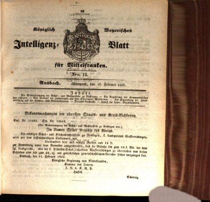 Königlich Bayerisches Intelligenzblatt für Mittelfranken (Ansbacher Intelligenz-Zeitung) Mittwoch 16. Februar 1842