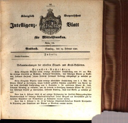 Königlich Bayerisches Intelligenzblatt für Mittelfranken (Ansbacher Intelligenz-Zeitung) Samstag 19. Februar 1842