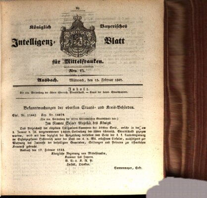 Königlich Bayerisches Intelligenzblatt für Mittelfranken (Ansbacher Intelligenz-Zeitung) Mittwoch 23. Februar 1842