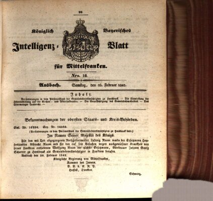 Königlich Bayerisches Intelligenzblatt für Mittelfranken (Ansbacher Intelligenz-Zeitung) Samstag 26. Februar 1842