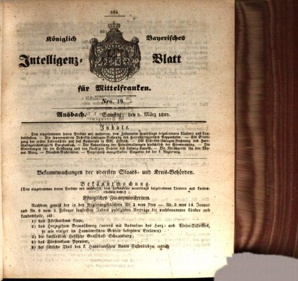 Königlich Bayerisches Intelligenzblatt für Mittelfranken (Ansbacher Intelligenz-Zeitung) Samstag 5. März 1842