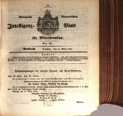 Königlich Bayerisches Intelligenzblatt für Mittelfranken (Ansbacher Intelligenz-Zeitung) Samstag 19. März 1842