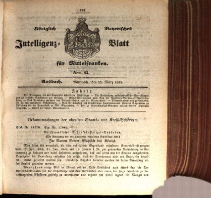 Königlich Bayerisches Intelligenzblatt für Mittelfranken (Ansbacher Intelligenz-Zeitung) Mittwoch 23. März 1842