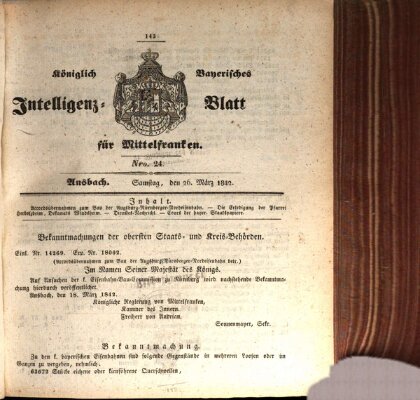 Königlich Bayerisches Intelligenzblatt für Mittelfranken (Ansbacher Intelligenz-Zeitung) Samstag 26. März 1842