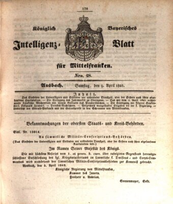 Königlich Bayerisches Intelligenzblatt für Mittelfranken (Ansbacher Intelligenz-Zeitung) Samstag 9. April 1842