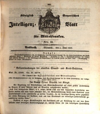 Königlich Bayerisches Intelligenzblatt für Mittelfranken (Ansbacher Intelligenz-Zeitung) Mittwoch 1. Juni 1842