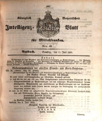 Königlich Bayerisches Intelligenzblatt für Mittelfranken (Ansbacher Intelligenz-Zeitung) Samstag 11. Juni 1842