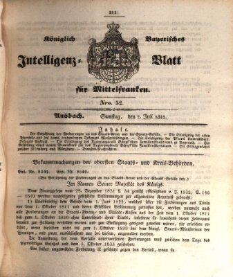 Königlich Bayerisches Intelligenzblatt für Mittelfranken (Ansbacher Intelligenz-Zeitung) Samstag 2. Juli 1842