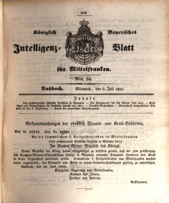 Königlich Bayerisches Intelligenzblatt für Mittelfranken (Ansbacher Intelligenz-Zeitung) Mittwoch 6. Juli 1842