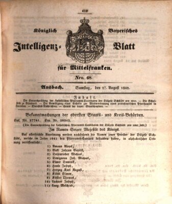 Königlich Bayerisches Intelligenzblatt für Mittelfranken (Ansbacher Intelligenz-Zeitung) Samstag 27. August 1842