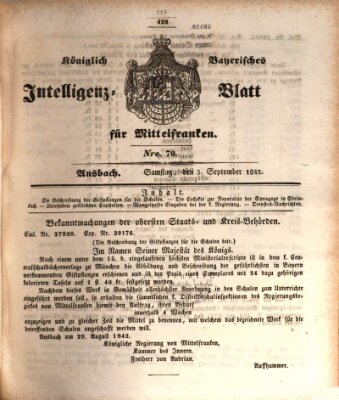 Königlich Bayerisches Intelligenzblatt für Mittelfranken (Ansbacher Intelligenz-Zeitung) Samstag 3. September 1842